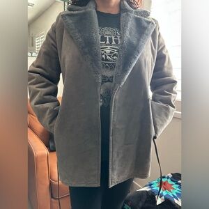 Mango suede and faux shearling Dark Gray Teddy Jacket with Belt